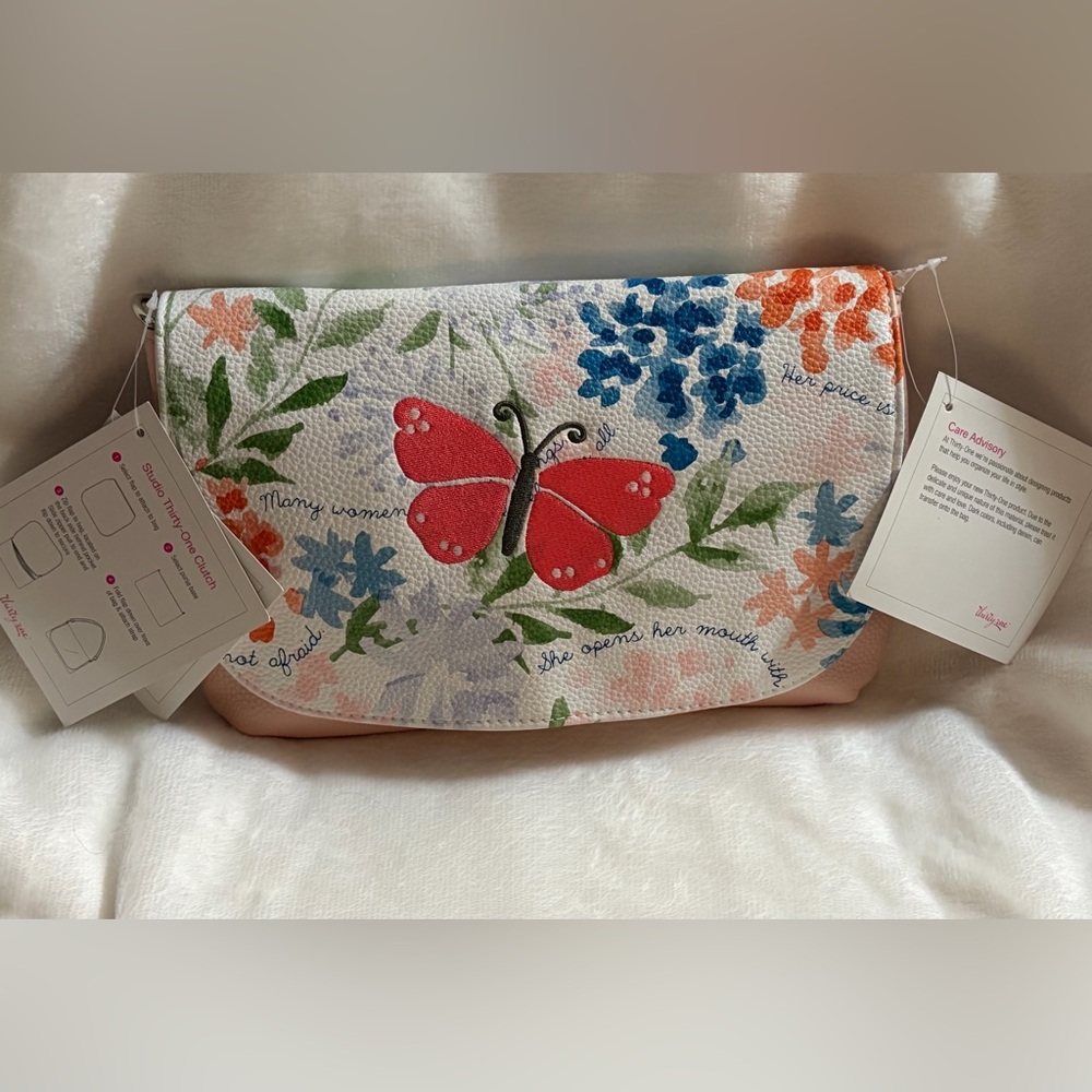 Thirty-One Pink Butterfly Floral Crossbody Bag